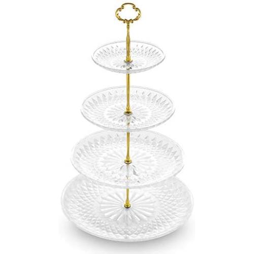 NWK 3/4-Tier Cupcake Stand with Crystal Clear Plates and Gold Metal Struts Dessert Tower Display Rack Serving Tray for Wedding Birthday Autumn Thanks Giving Baby Shower Party