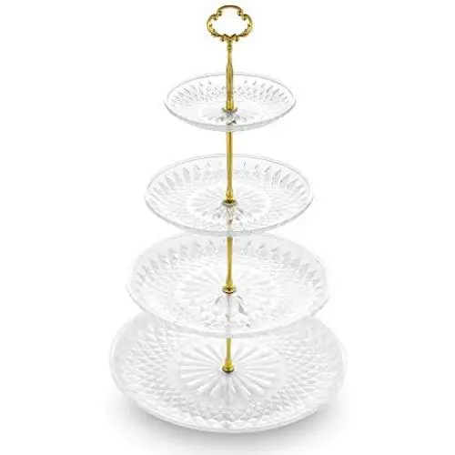 NWK 3/4-Tier Cupcake Stand with Crystal Clear Plates and Gold Metal Struts Dessert Tower Display Rack Serving Tray for Wedding Birthday Autumn Thanks Giving Baby Shower Party NWK 3/4-Tier Cupcake Stand with Crystal Clear Plates and Gold Metal Struts Dessert Tower Display Rack Serving Tray for Wedding Birthday Autumn Thanks Giving Baby Shower Party