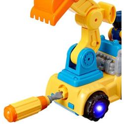 WolVol 3-in-1 Construction Bulldozer Dump Excavator Take-A-Part Truck Toy with Drill and Tools, Lights and Music, Bump and Go Action