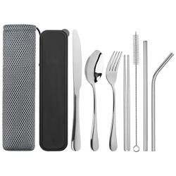 Travel Utensils, Tifanso Reusable Utensils with Case, Portable Travel Camping Cutlery Set, 9-Piece including Knife Fork Spoon Chopsticks Cleaning Brush Metal Straws, Stainless Steel Flatware Set