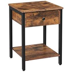 HOOBRO Nightstand, 2-Tier End Table, Industrial Side Table with Drawer and Storage Shelf, Wood Accent Table with Metal Frame, Easy Assembly, Rustic Brown and Black BF40BZ01