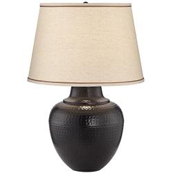 Brighton Rustic Table Lamp Hammered Bronze Metal Pot Beige Linen Drum Shade for Living Room Family Bedroom Nightstand - Barnes and Ivy