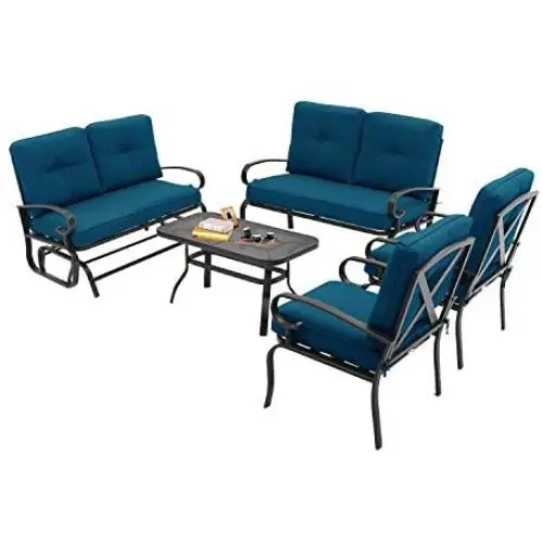 Incbruce Outdoor Indoor Furniture 5Pcs of 6 Seats Patio Conversation Set (Swing Glider, Loveseat, Coffee Table, 2 Lounge Chairs) Swing Glider Chair and Steel Frame Chair Sets, Peacock Blue Cushions Incbruce Outdoor Indoor Furniture 5Pcs of 6 Seats Patio Conversation Set (Swing Glider, Loveseat, Coffee Table, 2 Lounge Chairs) Swing Glider Chair and Steel Frame Chair Sets, Peacock Blue Cushions