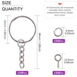 Swpeet 450Pcs 1'' 25mm Sliver Key Chain Rings Kit, Including 150Pcs Keychain Rings with Chain and 150Pcs Jump Ring with 150Pcs Screw Eye Pins Bulk - Plastic Box or Cardboard Box Random Shipments