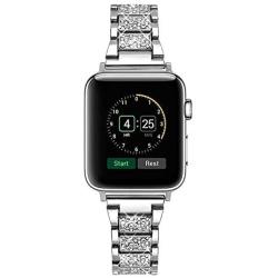 KM for Apple Watch Band 38/40mm 42/ 44mm Women Men with Three Bead Diamond Metal Stainless Steel Strap, Apple Watch Replacement Wristband Strap (Silver, 38mm/40mm)