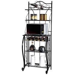 ROVSUN Upgrade Multiuse 5-Tier Metal Kitchen Bakers Rack , Microwave Storage Rack Oven Stand with Wine Storage Organizer Workstation Black (25'' x 16'' x 68'')