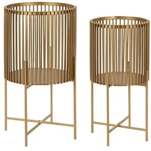 Kate and Laurel Paynter Modern 2-Piece Metal Floor Planter Set with Foldable Stand, Gold Kate and Laurel Paynter Modern 2-Piece Metal Floor Planter Set with Foldable Stand, Gold