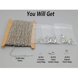 ZCNest 32.8 Ft(10m) Rhodium Satellite Chains with Beads for Jewelry Making Set, with Lobster Clasps+Jump Rings+Pinch Bails, Cable Link Craft Chain Findings for Necklace Bracelet DIY Wide 2.0mm_2102-B