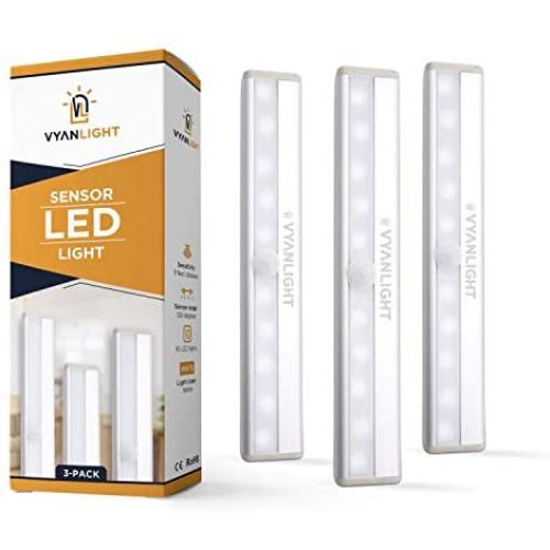 LED Closet Light Motion Activated, Cordless Under Cabinet Motion Sensor Light, Wireless Stick-on Anywhere Battery Operated 10 LED Motion Sensor Night Light for Closet Hallway Stairway, 3 Pack