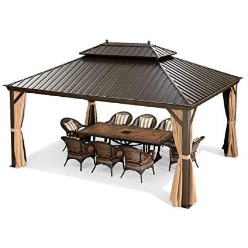 PURPLE LEAF 12 X 16 Outdoor Galvanized Steel Hardtop Double Roof Permanent Gazebo Canopy Aluminum Frame Patio Garden Gazebo with Curtains and Netting