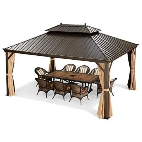 PURPLE LEAF 12 X 16 Outdoor Galvanized Steel Hardtop Double Roof Permanent Gazebo Canopy Aluminum Frame Patio Garden Gazebo with Curtains and Netting PURPLE LEAF 12 X 16 Outdoor Galvanized Steel Hardtop Double Roof Permanent Gazebo Canopy Aluminum Frame Patio Garden Gazebo with Curtains and Netting