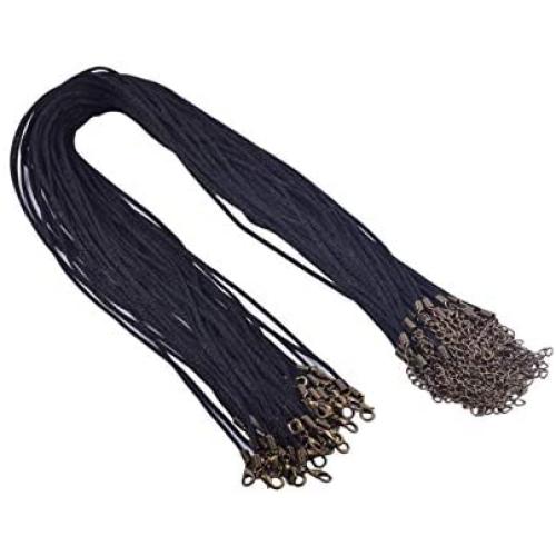 KONMAY Necklace Cord 50pcs 20 Black Satin Silk Necklace Cord 2.0mm with Antique Brass Metal Parts