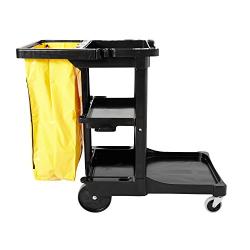 Rubbermaid Commercial Traditional Janitorial 3-Shelf Cart, Wheeled with Zippered Yellow Vinyl Bag, Black, FG617388BLA