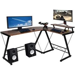 Halter L-Shaped Gaming Desk, Computer Corner Desk Home, Office Desk Study Writing Modern Table, Black Desk with Black Metal Frame, 59 Inches, Brown