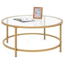 Best Choice Products 36in Modern Round Tempered Glass Accent Side Coffee Table for Living Room, Dining Room, Tea, Home Décor w/Satin Trim, Metal Frame, Non-Marring Foot Caps - Bronze Gold