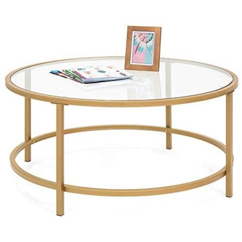 Best Choice Products 36in Modern Round Tempered Glass Accent Side Coffee Table for Living Room, Dining Room, Tea, Home Décor w/Satin Trim, Metal Frame, Non-Marring Foot Caps - Bronze Gold