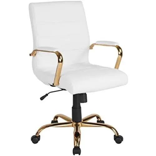 Flash Furniture Mid-Back White LeatherSoft Executive Swivel Office Chair with Gold Frame and Arms Flash Furniture Mid-Back White LeatherSoft Executive Swivel Office Chair with Gold Frame and Arms