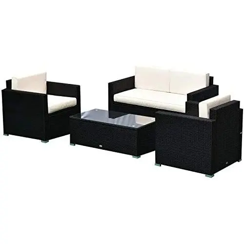 Outsunny 4-Piece Cushioned Patio Furniture Set, with 2 Chairs, Sectional, and Glass Coffee Table, Rattan Wicker, Black Outsunny 4-Piece Cushioned Patio Furniture Set, with 2 Chairs, Sectional, and Glass Coffee Table, Rattan Wicker, Black