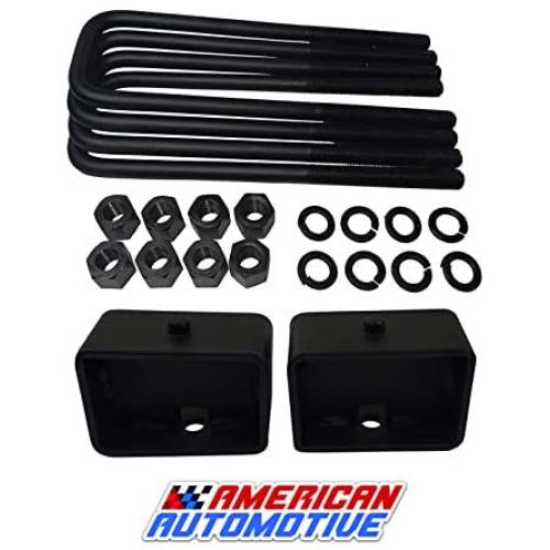 American Automotive Compatible with 1999+ Silverado Sierra 1500 3.5'' Rear Suspension Lift Steel Blocks + Extra Long 14'' Square Leaf Spring Axle U Bolts for 2WD 4WD