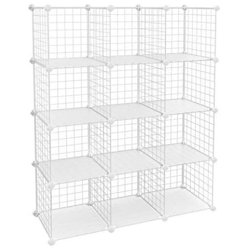 SONGMICS 12 Metal Wire Cube, Shelves Organizer,Stackable Storage Bins, Modular Bookcase, DIY Closet Cabinet Shelf with Rubber Mallet, 36.6'' L x 12.2'' W x 48.4'' H White