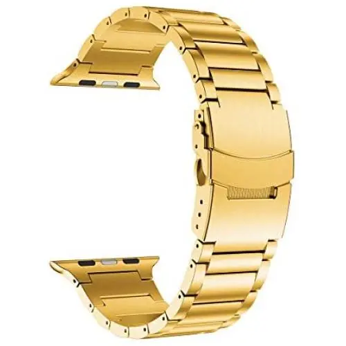 LDFAS Compatible for Apple Watch Band 44mm 42mm, Sport Stainless Steel Metal Strap with Safety Buckle for iWatch Bands Compatible for Apple Watch SE, Apple Watch Series 6/5/4/3 Smartwatch, Gold