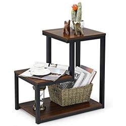 Tangkula 3-Tier Sofa Side Table, Nightstand with Storage Shelf, Sturdy Metal Frame, Ladder-Shaped Chair Side Table, Brown Tabletop Storage Shelf for Living Room or Bedroom (Brown)