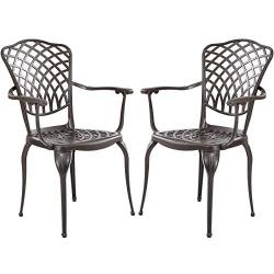 Kinger Home Patio Outdoor Dining Metal Chairs, Set of 2, Cast Aluminum, Lattice Weave Design - Brown