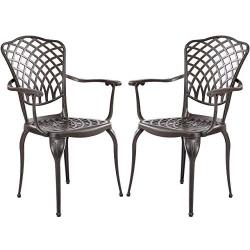 Kinger Home Patio Outdoor Dining Metal Chairs, Set of 2, Cast Aluminum, Lattice Weave Design - Brown