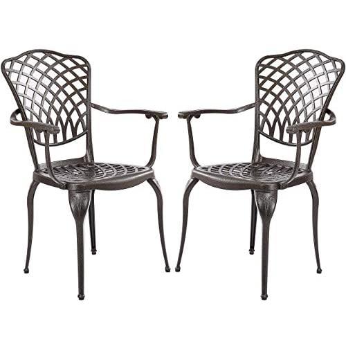 Kinger Home Patio Outdoor Dining Metal Chairs, Set of 2, Cast Aluminum, Lattice Weave Design - Brown