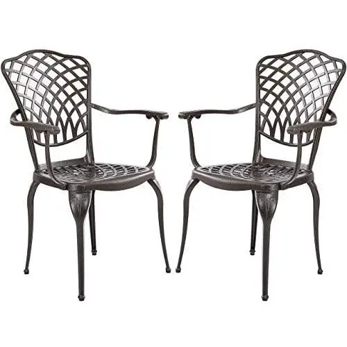 Kinger Home Patio Outdoor Dining Metal Chairs, Set of 2, Cast Aluminum, Lattice Weave Design - Brown