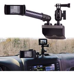 Dash Mount Cell Phone Holder Jeep Compatible Wrangler JK and JKU (2011-18) 2 Mounts for Action Camera and GPS Navigation with iPhone and Android Smartphones – Metal Base/Carbon Fiber Kevlar Arm