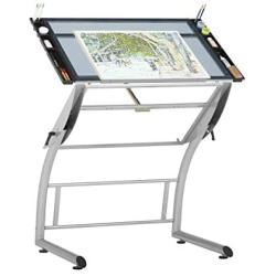 SD STUDIO DESIGNS Triflex Drawing Table, Sit to Stand Up Adjustable Office Home Computer Desk, 35.25'' W X 23.5'' D, Silver/Blue Glass