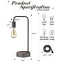 ELYONA Industrial Table Lamp-2 USB Charging Ports & 2 Power Outlets-Edison 4W Bulb, Vintage Bedside Nightstand Desk Lamp-Wood Metal Base, Reading Light for Bedroom, Living Room, Coffee, Dorm- Black