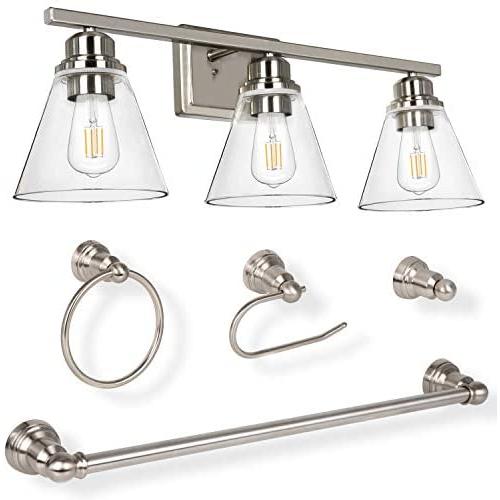 3-Light Vanity Light Fixture, 5-Piece All-in-One Bathroom Set (E26 Bulb Base), Brushed Nickel Wall Sconce Lighting with Glass Shads, ETL Listed