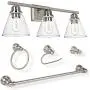 3-Light Vanity Light Fixture, 5-Piece All-in-One Bathroom Set (E26 Bulb Base), Brushed Nickel Wall Sconce Lighting with Glass Shads, ETL Listed