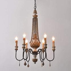 KunMai Retro Rustic 6-Light Sculpted Wood Rust Metal Clear Crystal Candle Style Chandelier