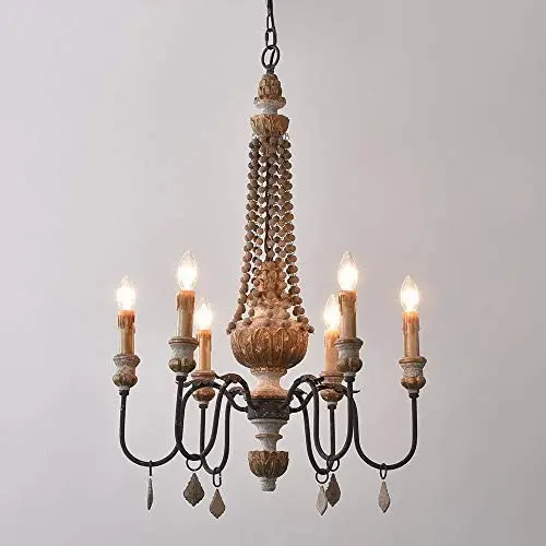 KunMai Retro Rustic 6-Light Sculpted Wood Rust Metal Clear Crystal Candle Style Chandelier KunMai Retro Rustic 6-Light Sculpted Wood Rust Metal Clear Crystal Candle Style Chandelier
