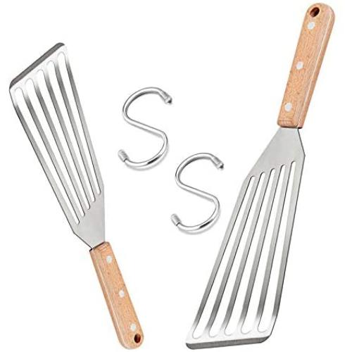 Fish Spatula Set of 2, HaSteeL Stainless Steel Slotted Spatula Turner with Riveted Wooden Handle, Professional Metal Spatulas Great for Kitchen Cooking Flipping Frying & Grilling, 2 x Hooks