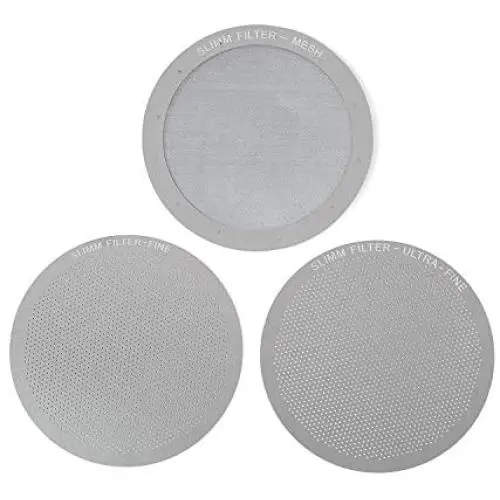 Set of 3 Barista-Quality Reusable Metal Coffee Filters by Slimm Filter - For use in the AeroPress Coffee Maker - Save Money & Brew the Perfect Cup at Home - Stainless Steel - MESH, FINE & ULTRA FINE
