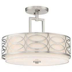 Kira Home Sienna 15'' 3-Light Semi Flush Mount Ceiling Light, White Fabric Shade + Glass Diffuser, Brushed Nickel Finish