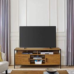 Wide Entertainment Center TV Media Stand by CAFFOZ Furniture Designs | with Two Doors and Storage Shelves | Sturdy | Easy Assembly | Brown Oak Wood Look Accent Furniture with Metal Frame