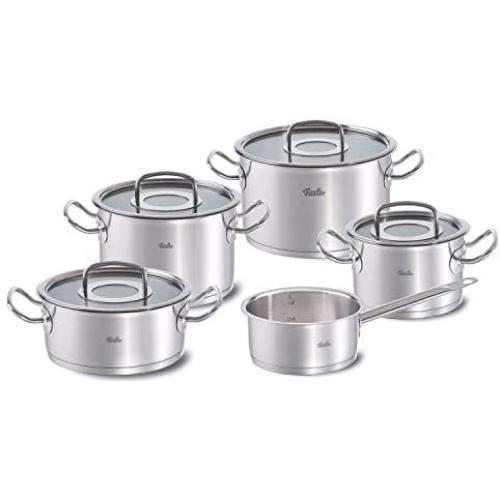 Fissler OPC Stainless Steel Cooking-Pot-Set, Compatible Stovetops: Induction, Gas, Electric, with Metal-Lid, 9-Piece, Black