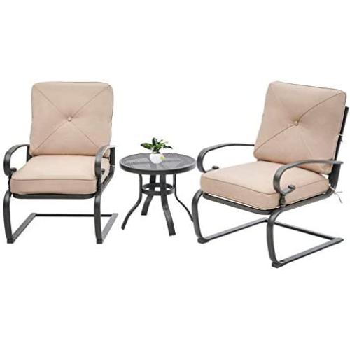 Oakmont Outdoor Bistro Set 3-Piece Spring Metal Lounge Cushioned Chairs and Bistro Table Set Wrought Iron Cafe Furniture Seat, Brown