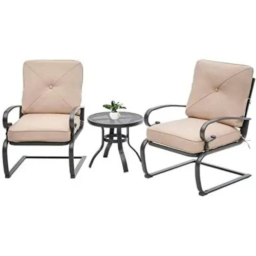 Oakmont Outdoor Bistro Set 3-Piece Spring Metal Lounge Cushioned Chairs and Bistro Table Set Wrought Iron Cafe Furniture Seat, Brown