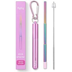 Flyby Portable Reusable Drinking Straws | Collapsible & Foldable Telescopic Stainless Steel Metal Straw Dispenser | Final Aluminum Case, Long Cleaning Brush, Silicone Tip | Pink Rainbow | 1-Pack