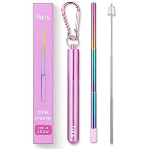 Flyby Portable Reusable Drinking Straws | Collapsible & Foldable Telescopic Stainless Steel Metal Straw Dispenser | Final Aluminum Case, Long Cleaning Brush, Silicone Tip | Pink Rainbow | 1-Pack