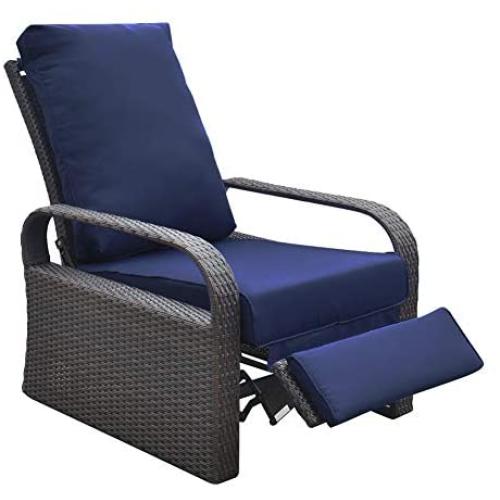 Outdoor Recliner Outdoor Wicker Recliner Chair with 5.12 Thickness Cushions, Automatic Adjustable Rattan Patio Chaise Lounge Chairs, Aluminum Frame, UV Resistant and Rustless (Brown + Navy Blue)