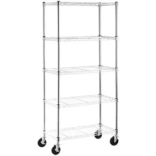 Amazon Basics 5-Shelf Shelving Storage Unit on 4 Wheel Casters , Metal Organizer Wire Rack, Chrome Silver (30L x 14W x 64.75H)