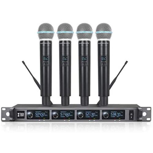 XTUGA A140 Wireless Microphone System, 4-Channel UHF Cordless Mic Set with Four Handheld Mics, All Metal Build, Fixed Frequency, Long Range 300ft, Ideal for Church,Karaoke (4 Handheld)