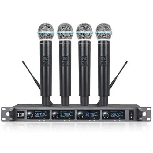 XTUGA A140 Wireless Microphone System, 4-Channel UHF Cordless Mic Set with Four Handheld Mics, All Metal Build, Fixed Frequency, Long Range 300ft, Ideal for Church,Karaoke (4 Handheld)